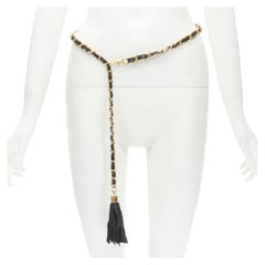 CHANEL 1990's Vintage gold chain leather interwoven link tassel charm belt