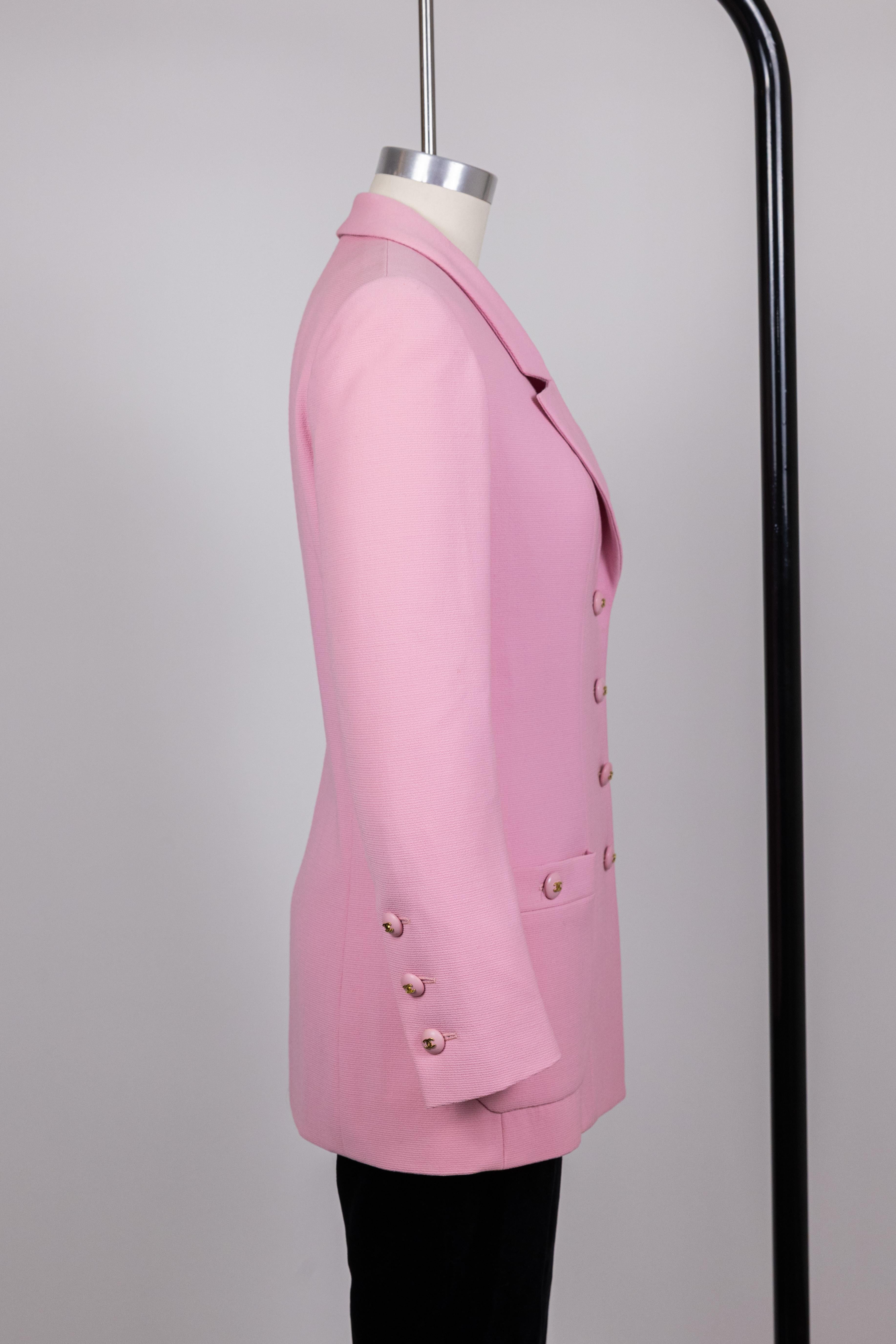 Chanel 1990s Vintage Pink Logo Buttons Jacket For Sale 2