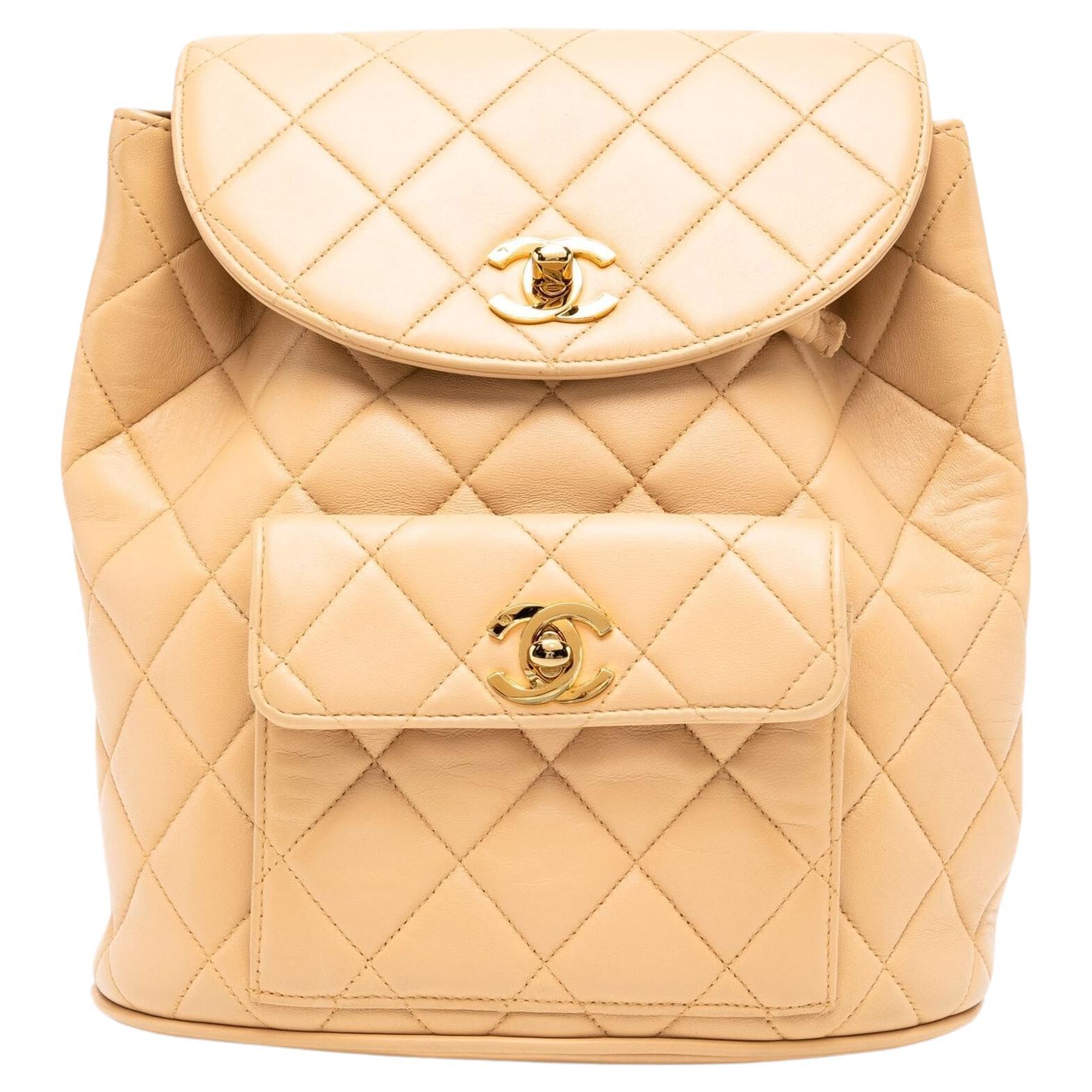 Chanel 1990's Vintage Quilted Lambskin Duma Cc Logo Beige Leather Backpack