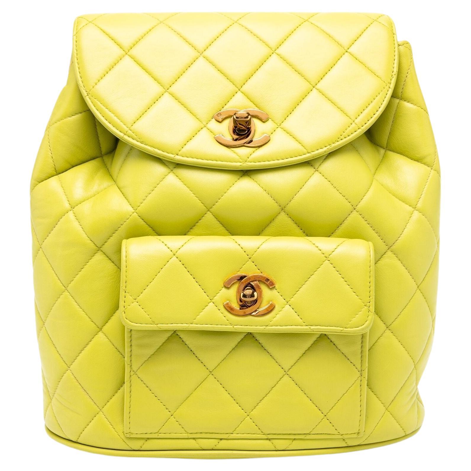 Chanel 1990's Vintage Quilted Lambskin Duma Cc Logo Lime Green Leather Backpack