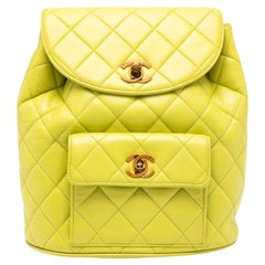 Chanel 1990's Vintage Quilted Lambskin Duma Cc Logo Lime Green Leather Backpack