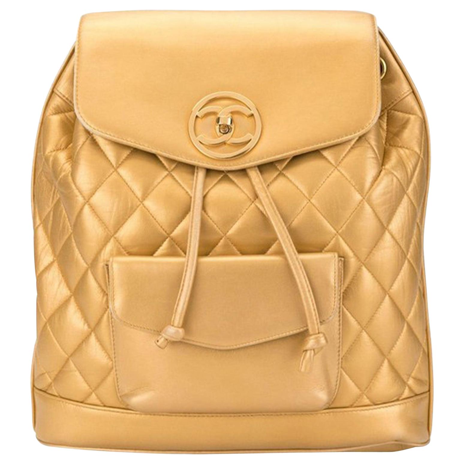 Chanel 1990s Vintage Rare Rucksack Gold Lambskin Leather Backpack