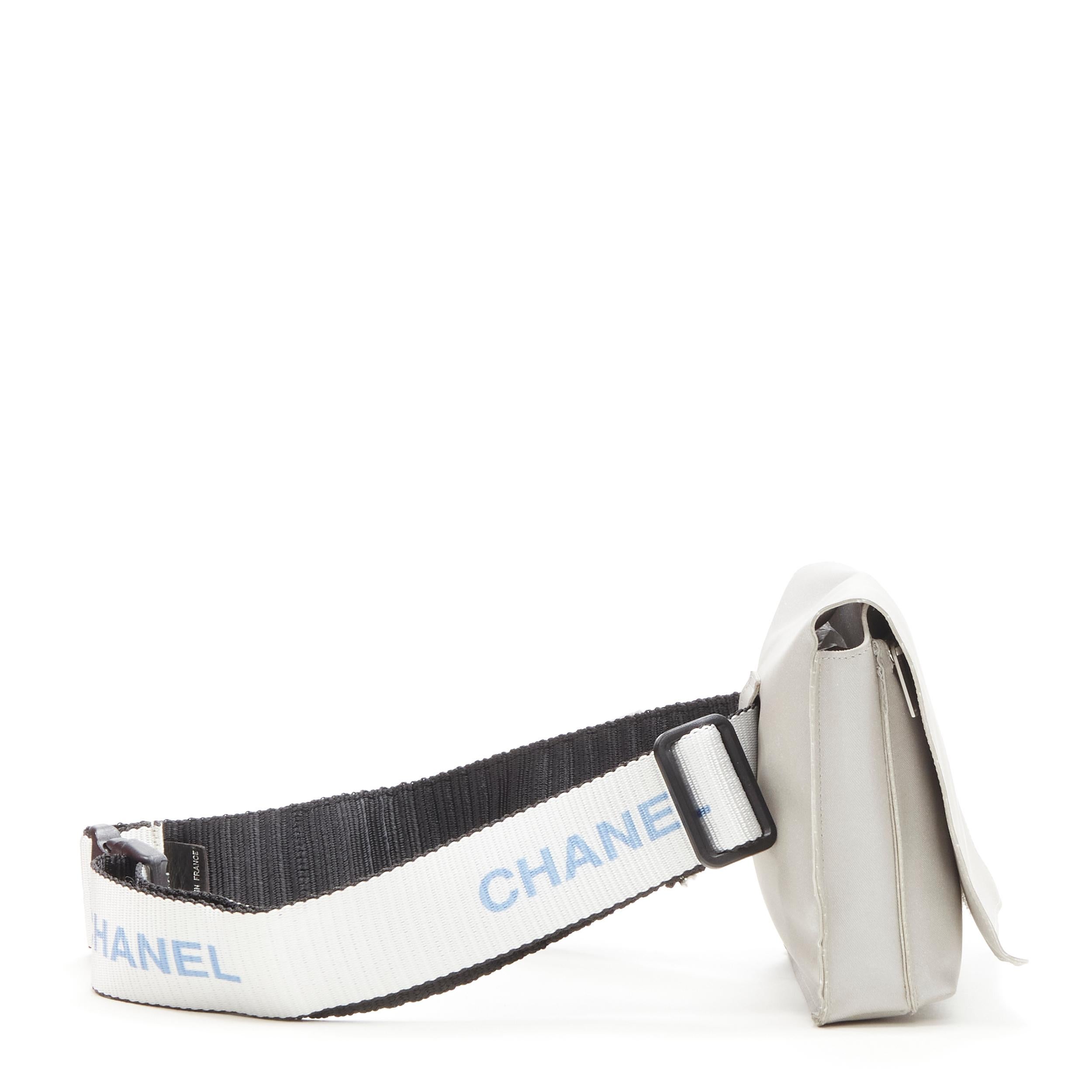 Silver CHANEL 1990's Vintage silver nylon logo strap CC buckle square flap waist bag For Sale