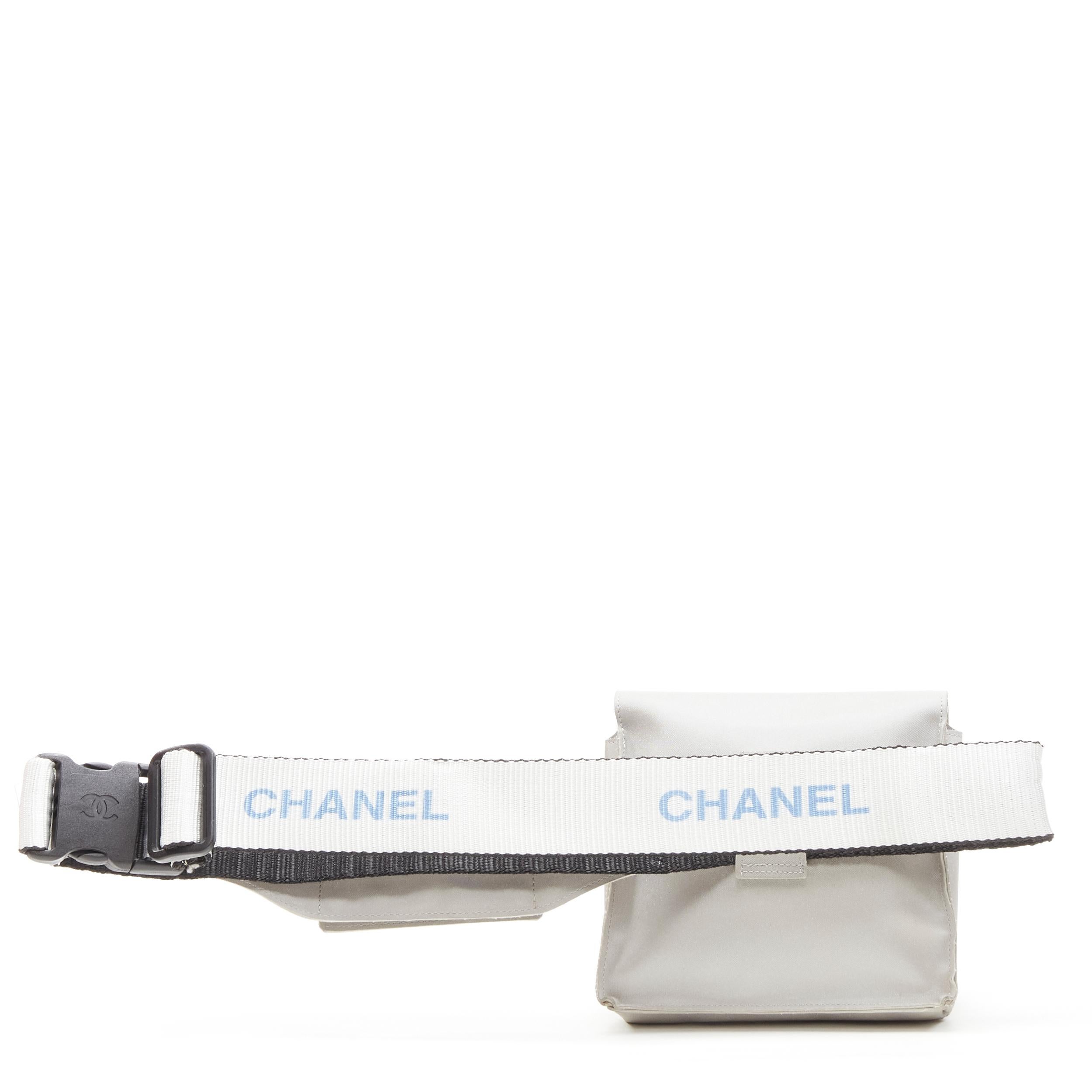 CHANEL 1990's Vintage silver nylon logo strap CC buckle square flap waist bag In Good Condition For Sale In Hong Kong, NT