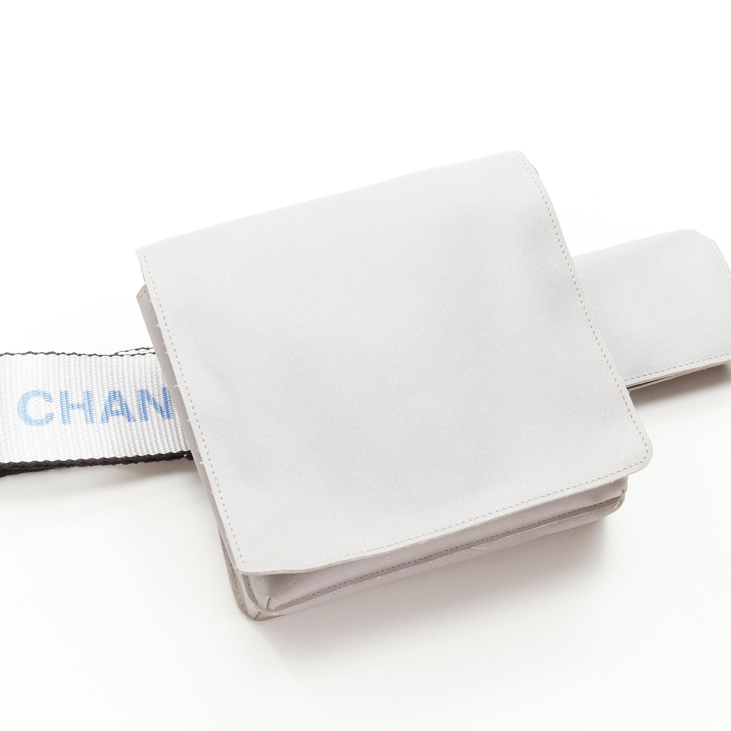 CHANEL 1990's Vintage silver nylon logo strap CC buckle square flap waist bag For Sale 1