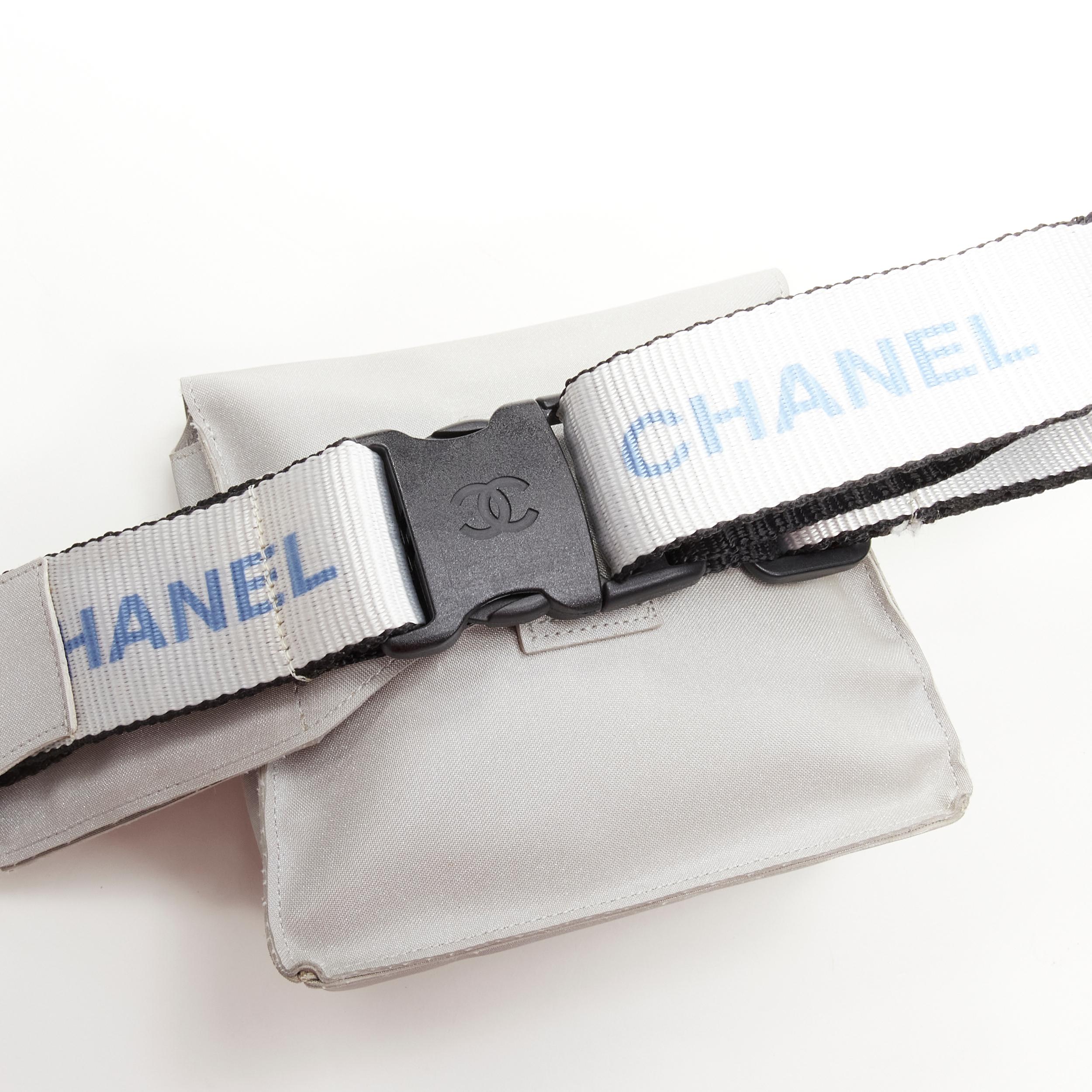 CHANEL 1990's Vintage silver nylon logo strap CC buckle square flap waist bag For Sale 2