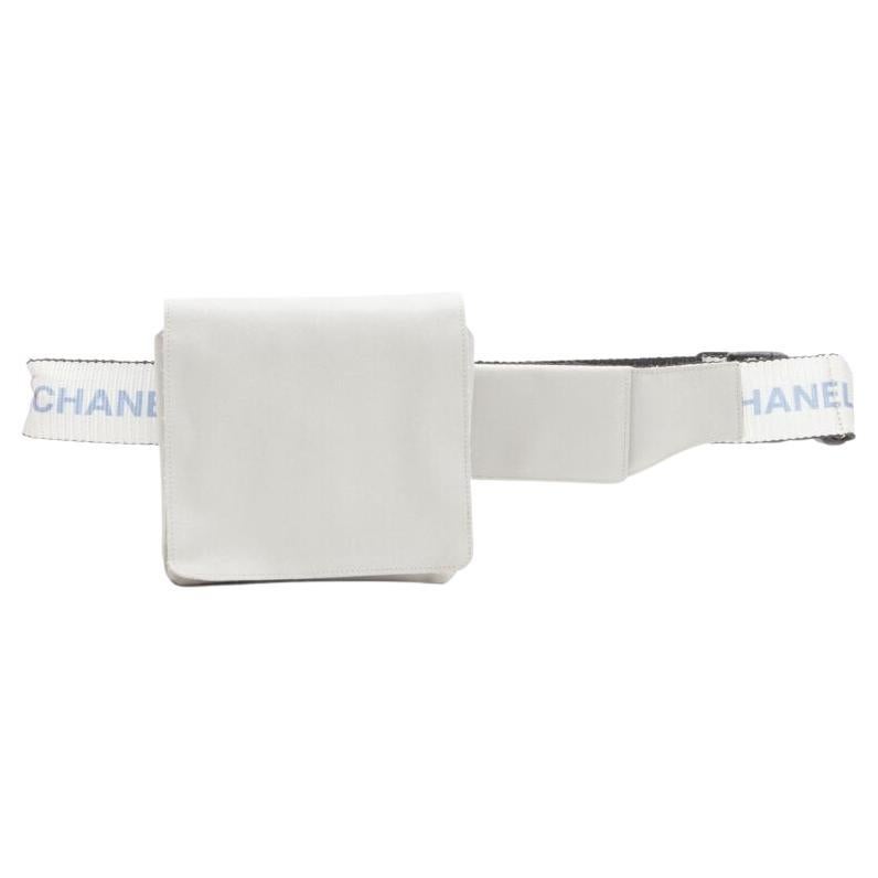 CHANEL 1990's Vintage silver nylon logo strap CC buckle square flap waist bag