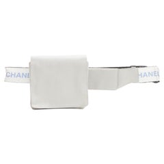 CHANEL 1990's Vintage silver nylon logo strap CC buckle square flap waist bag