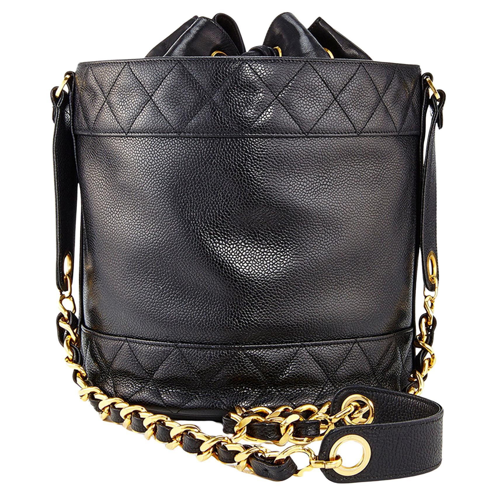 Chanel 1991 Black Caviar Leather Vintage Drawstring Drum Shaped Shoulder Bag For Sale
