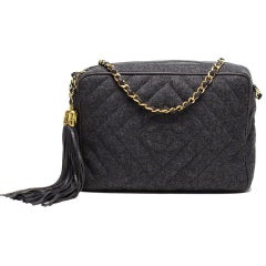 Chanel 1991 Camera Case Vintage Rare Chevron Logo Quilted Fringe Grey Wool Tote