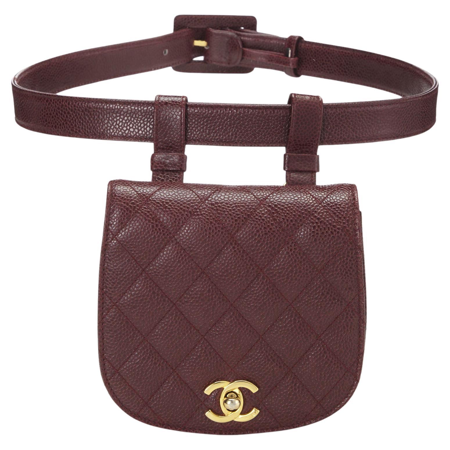Chanel 1991 Classic Flap Red Burgundy Quilted Caviar Waist Belt Bag For Sale