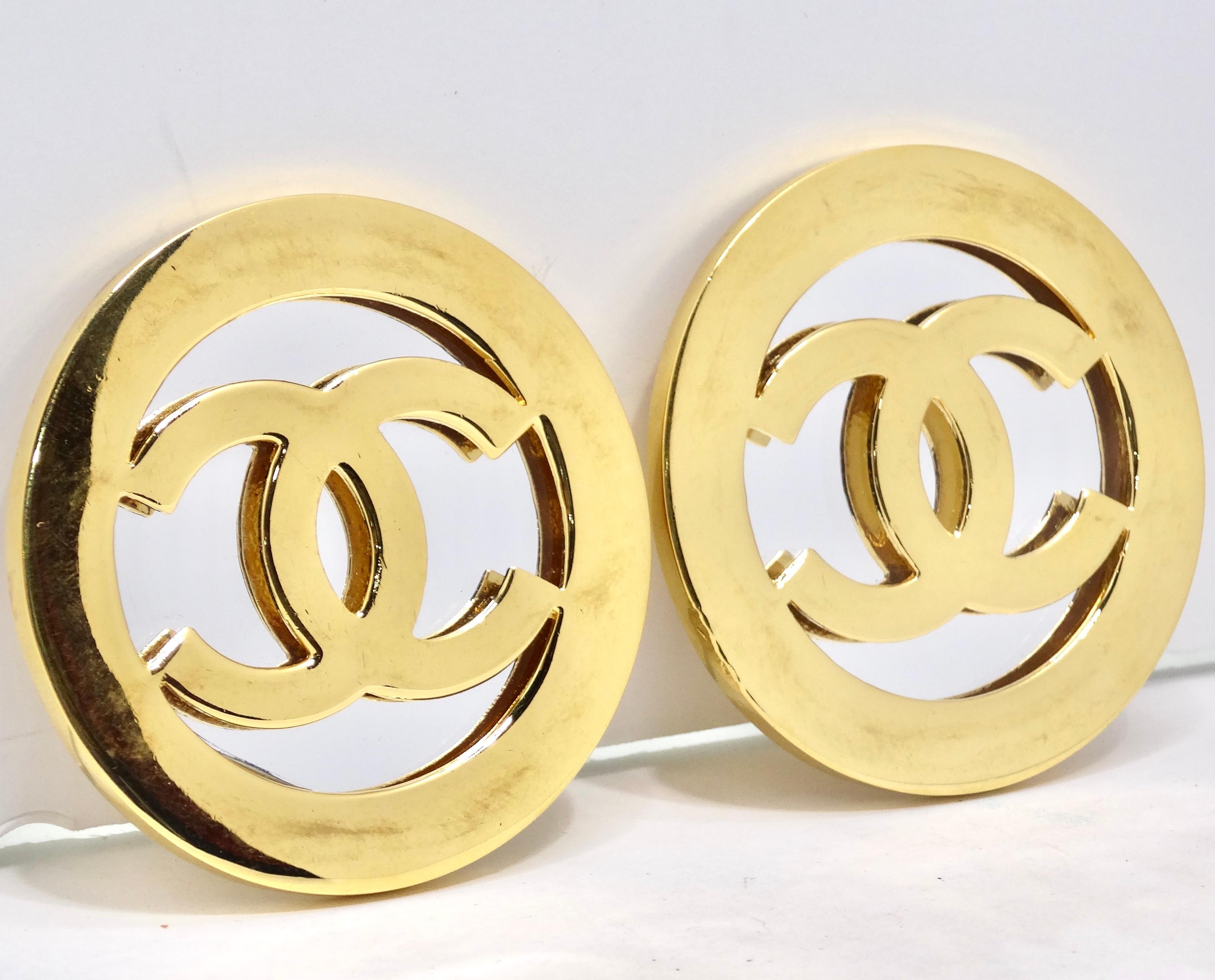Chanel 1991 Gold Metal and Silver Mirror Oversize CC Earrings For Sale 2