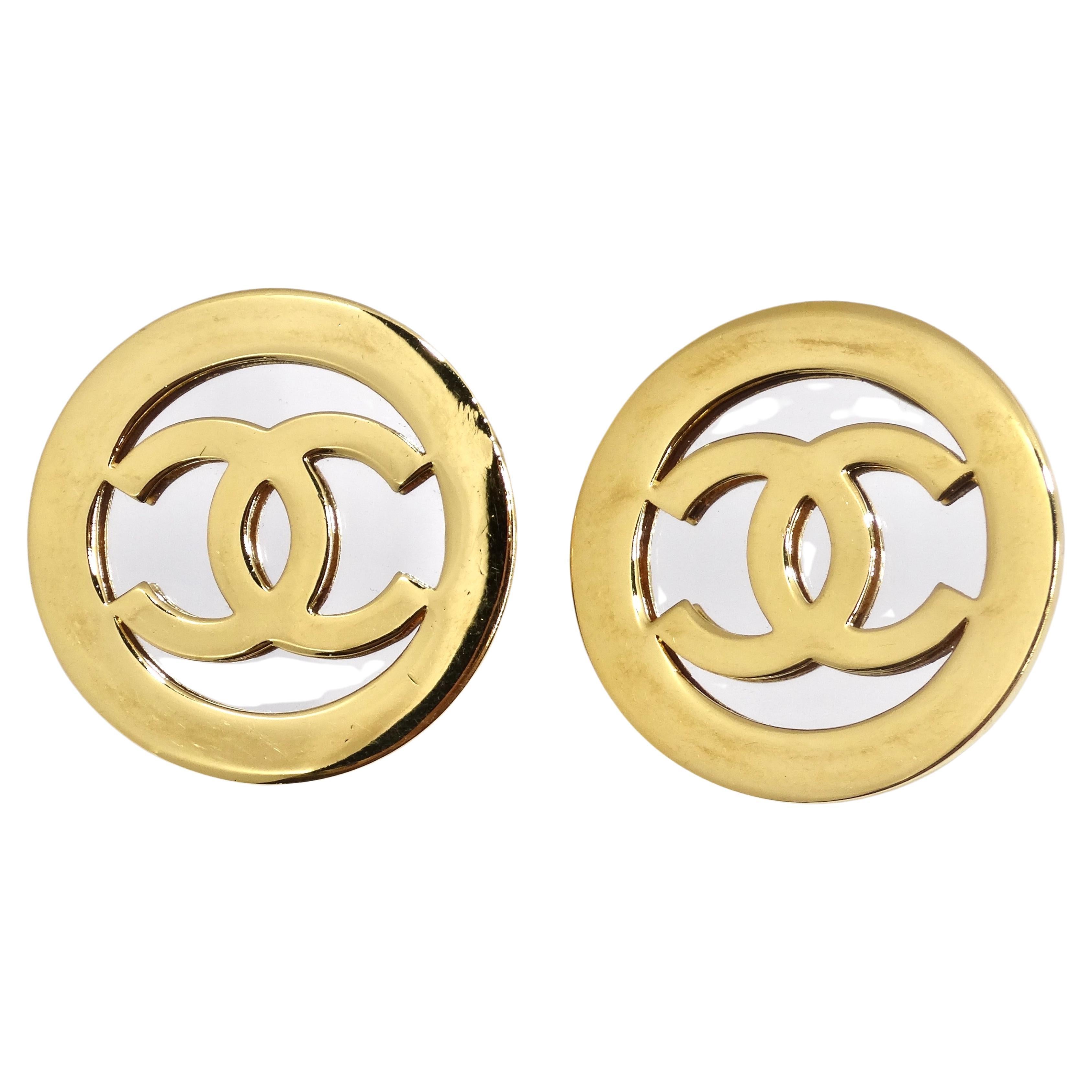 Chanel 1991 Gold Metal and Silver Mirror Oversize CC Earrings For Sale