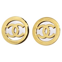 Used Chanel 1991 Gold Metal and Silver Mirror Oversize CC Earrings
