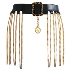 CHANEL 1991 Iconic Black Leather Multi Chain Fringe Belt by Karl Lagerfeld