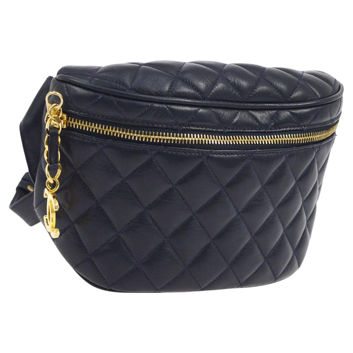 Chanel 1991 Navy Blue Quilted Lambskin Vintage Fanny Pack Waist Belt Bum Bag For Sale