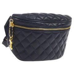 Chanel 1991 Navy Blue Quilted Lambskin Used Fanny Pack Waist Belt Bum Bag