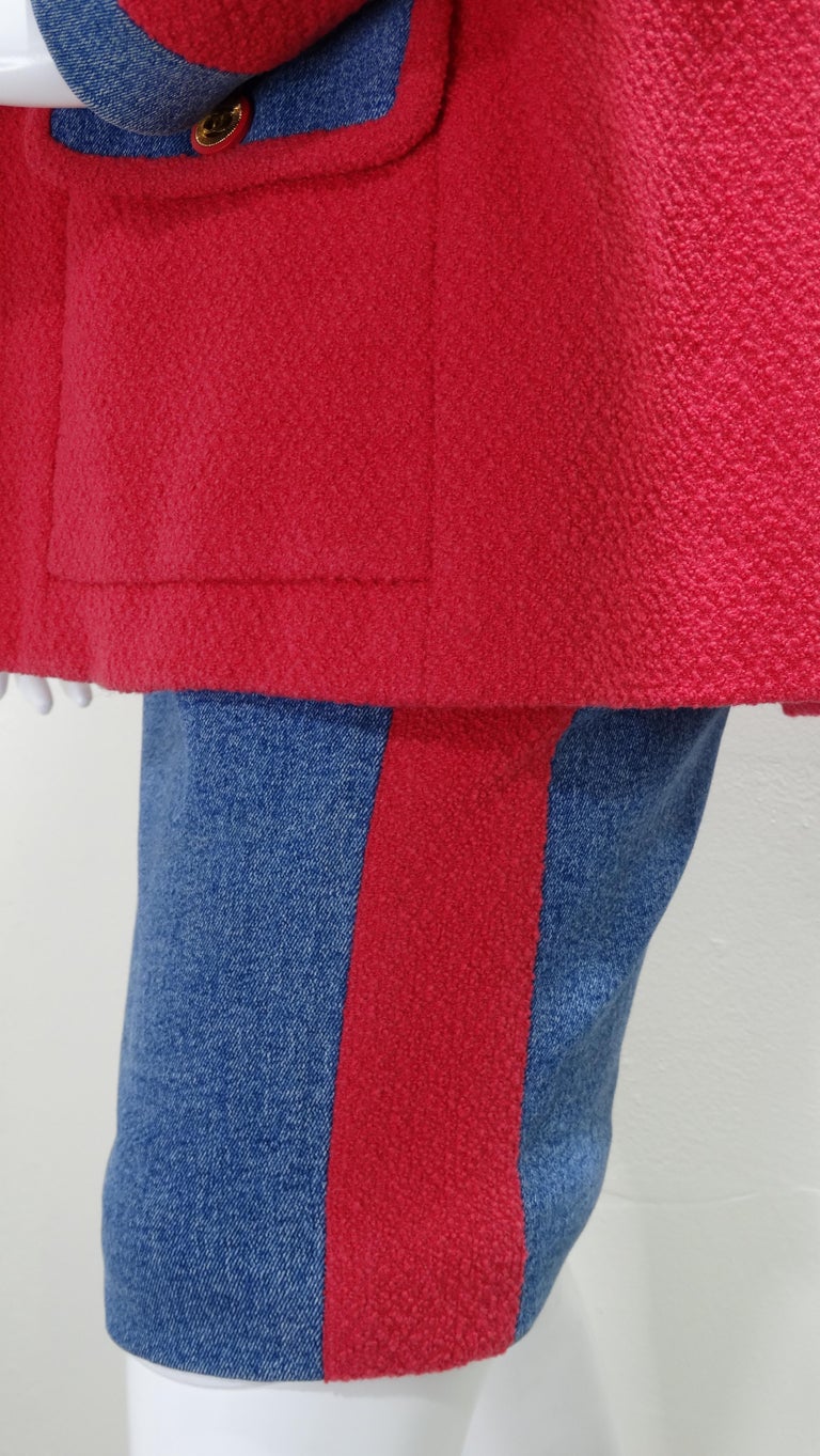  Chanel 1991 Pink Wool and Denim Skirt Set For Sale 5