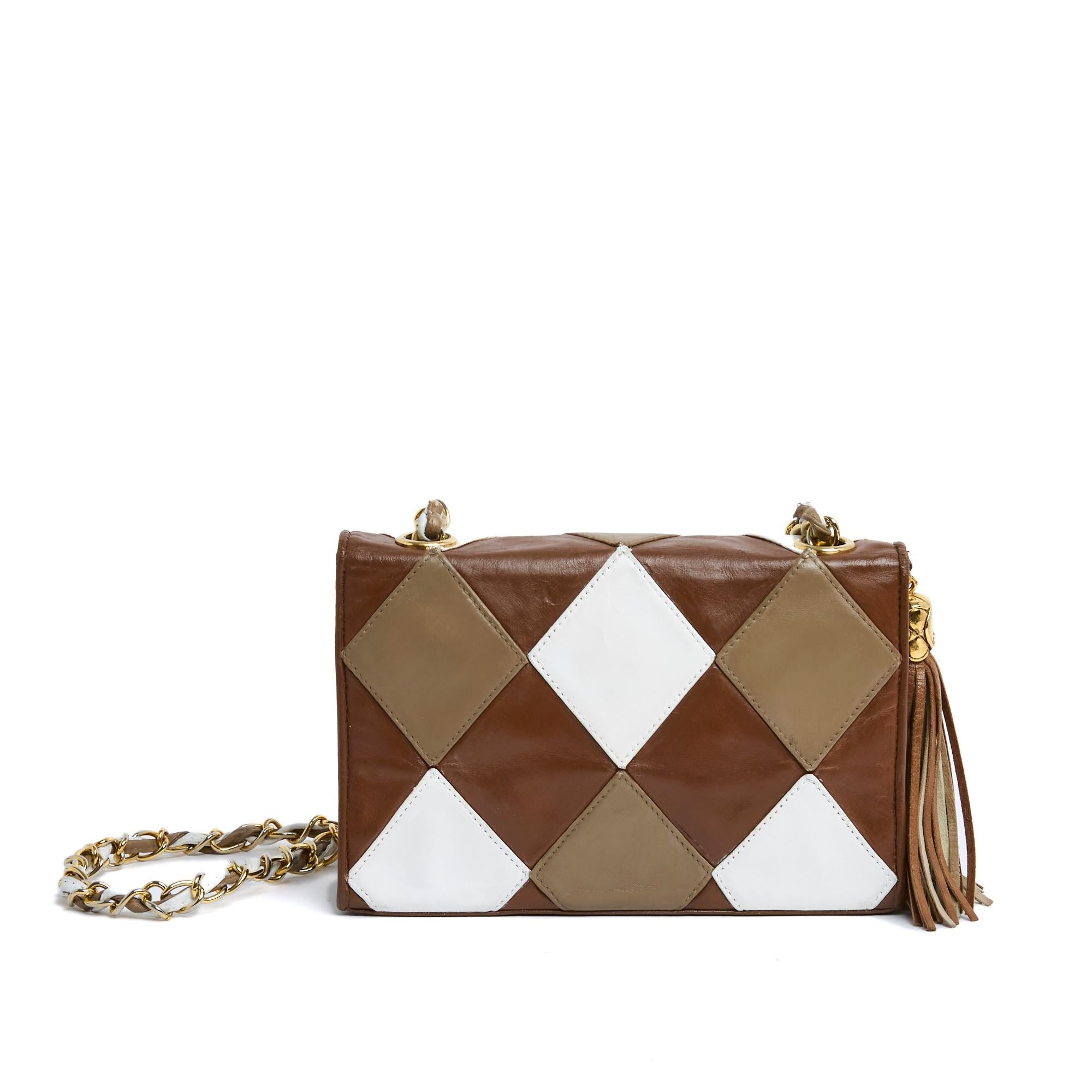 Brown Chanel 1991 Sac Arlequin Leather Quilt Single Flap Shoulder Bag Pristine