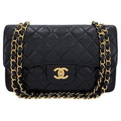 Chanel 1991 Vintage Black Small Classic Double Flap Bag 24k GHW Lambskin 67989