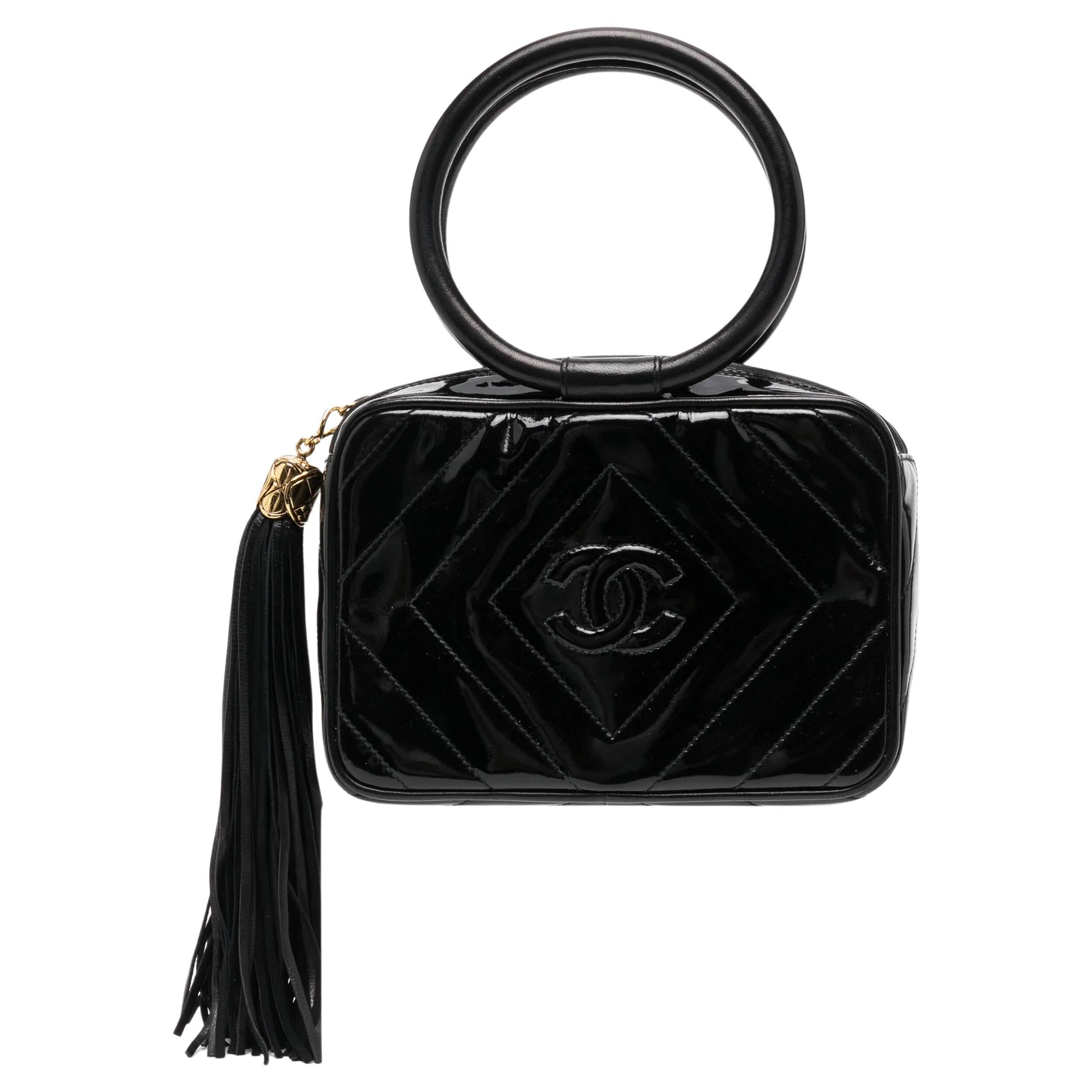 Chanel 1991 Vintage Circle Top Handle Tassel Chevron Camera Tote