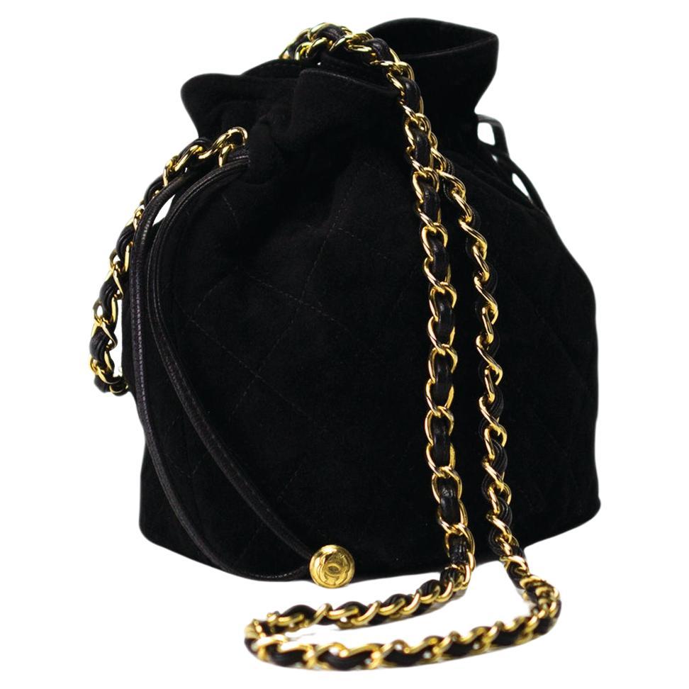 Chanel 1991 Vintage Drawstring Suede Mini Bucket Crossbody Shoulder Bag For Sale