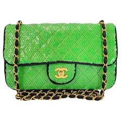 Chanel 1991 Vintage Iridescent Green Sequin Medium Flap Bag 24k GHW 67976