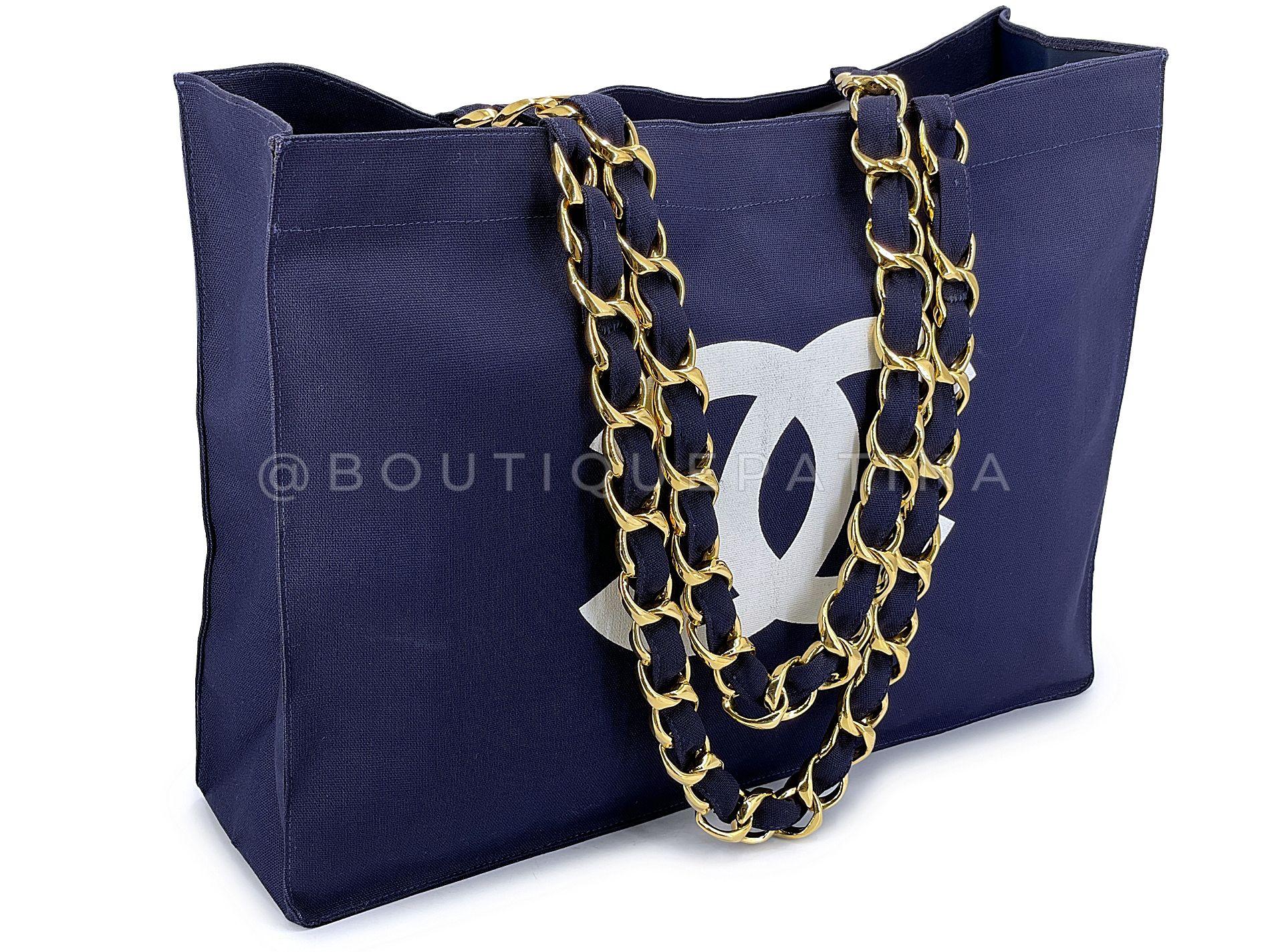 Black Chanel 1991 Vintage Navy Printed Canvas Chunky Chain Tote Bag 24k GHW 68495