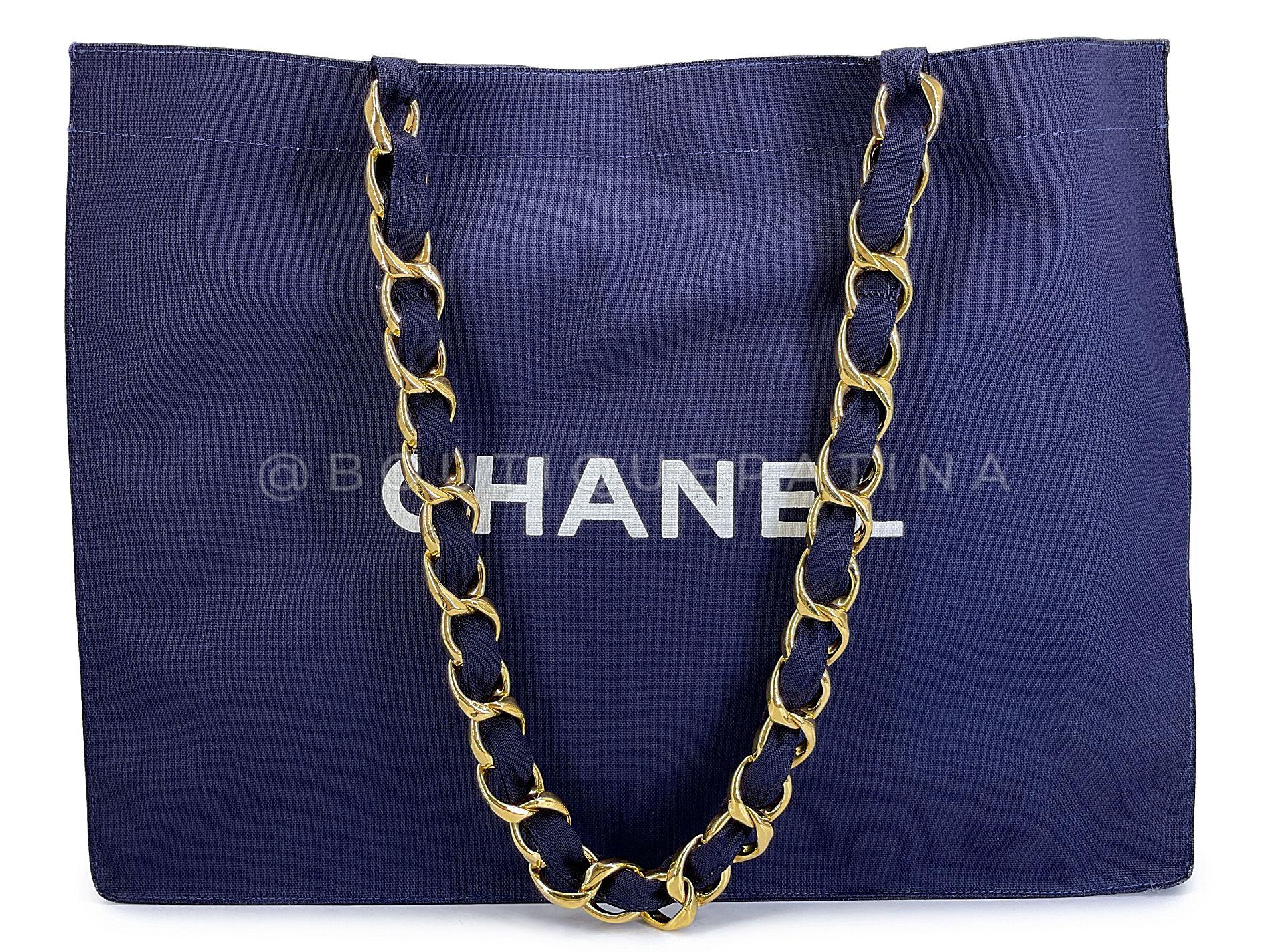 Chanel 1991 Vintage Navy Printed Canvas Chunky Chain Tote Bag 24k GHW 68495 1