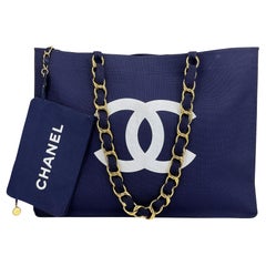 Chanel 1991 Vintage Navy Printed Canvas Chunky Chain Tote Bag 24k GHW 68495