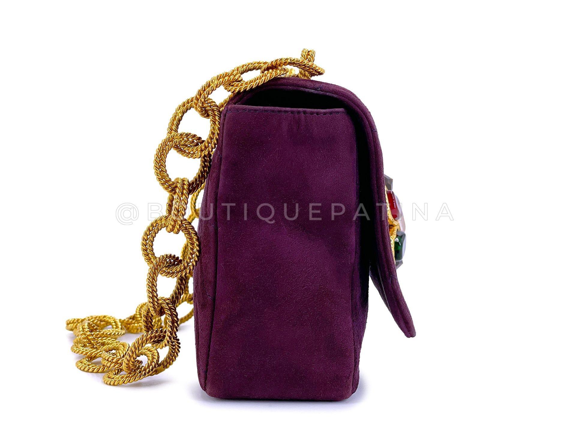 Chanel 1991 Vintage Purple Quilted Suede Jeweled Gripoix Flap Bag 24k GHW 68151 In Excellent Condition For Sale In Costa Mesa, CA