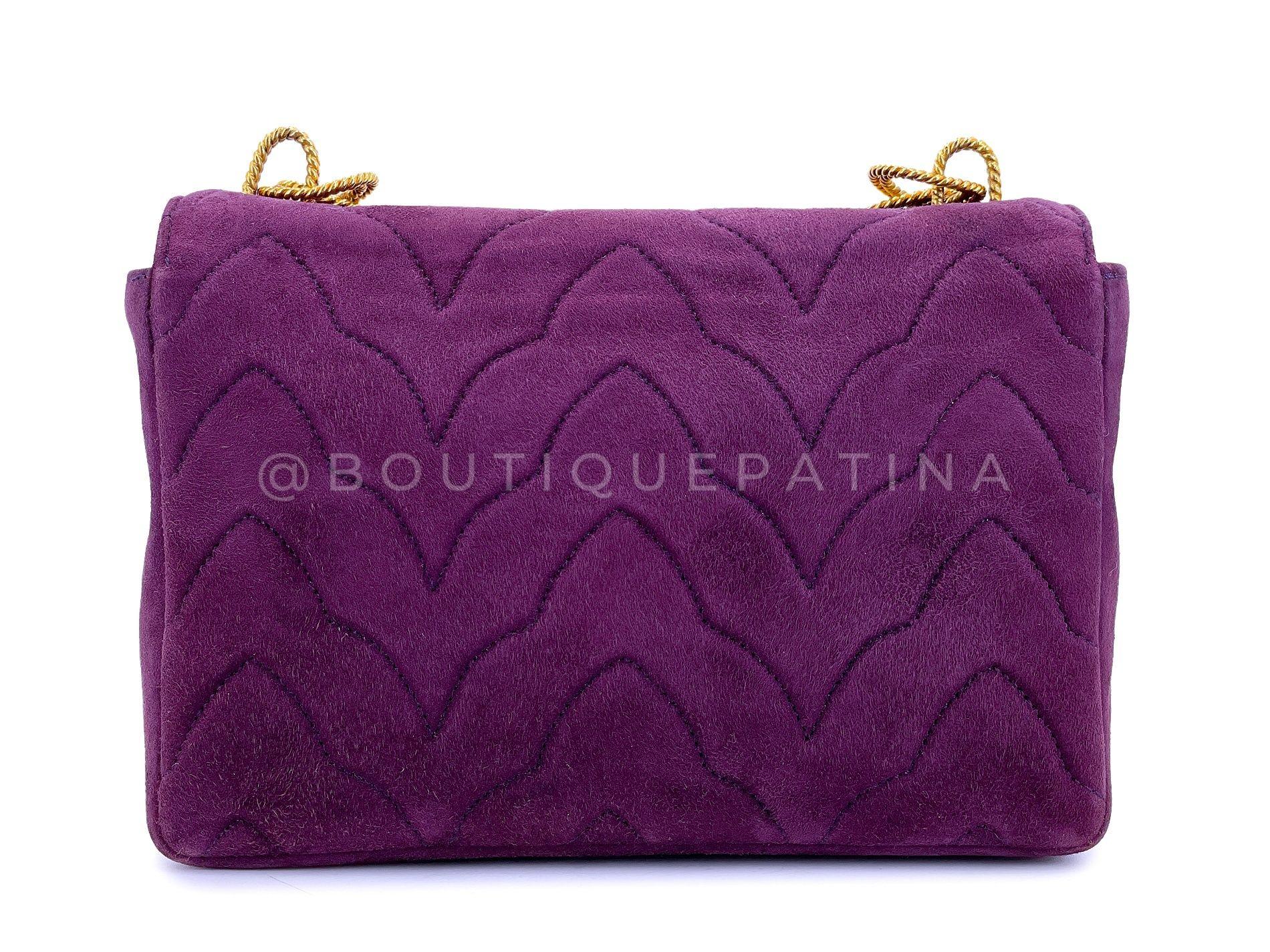 Women's Chanel 1991 Vintage Purple Quilted Suede Jeweled Gripoix Flap Bag 24k GHW 68151 For Sale