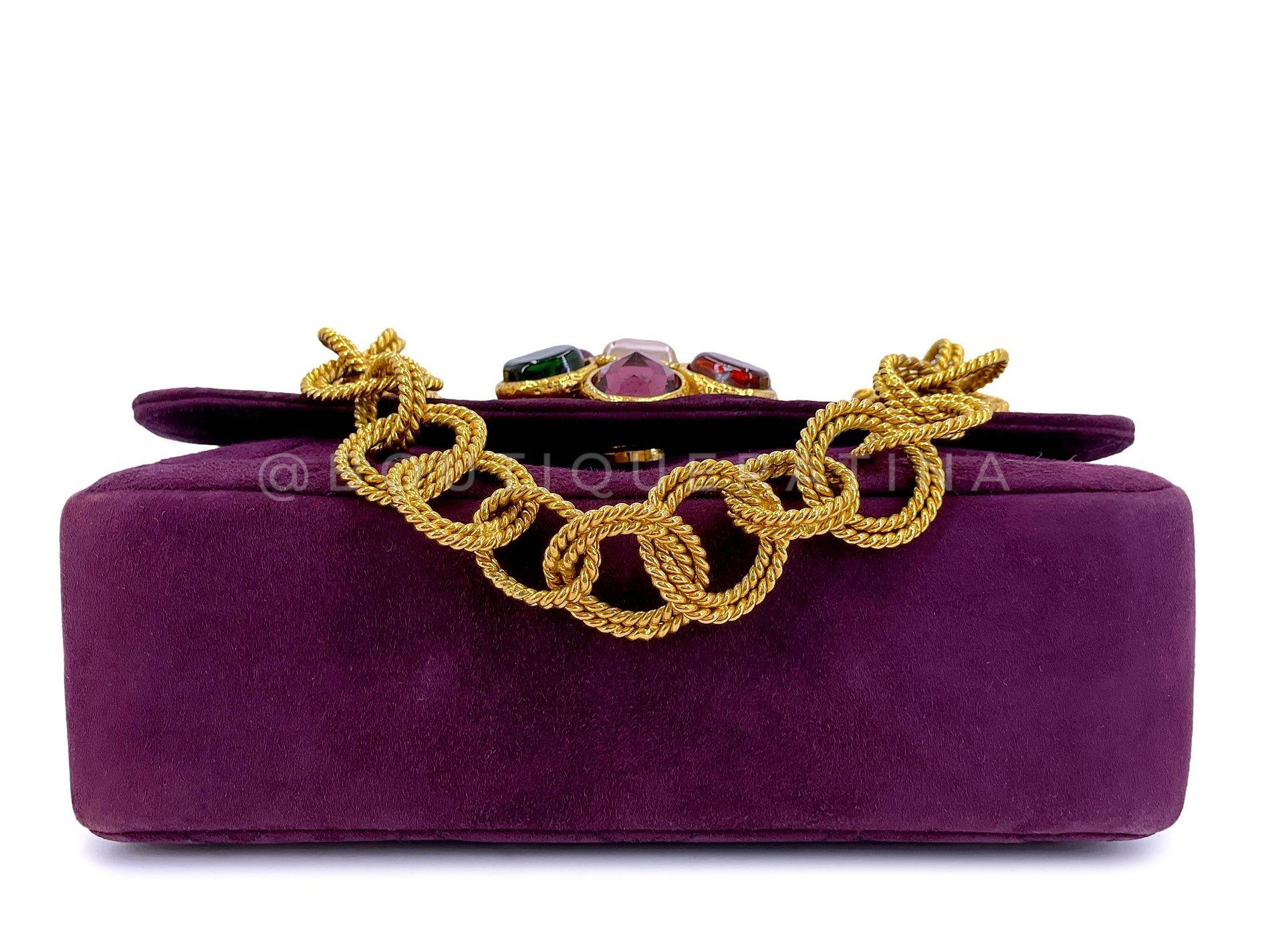 Chanel 1991 Vintage Purple Quilted Suede Jeweled Gripoix Flap Bag 24k GHW 68151 For Sale 1