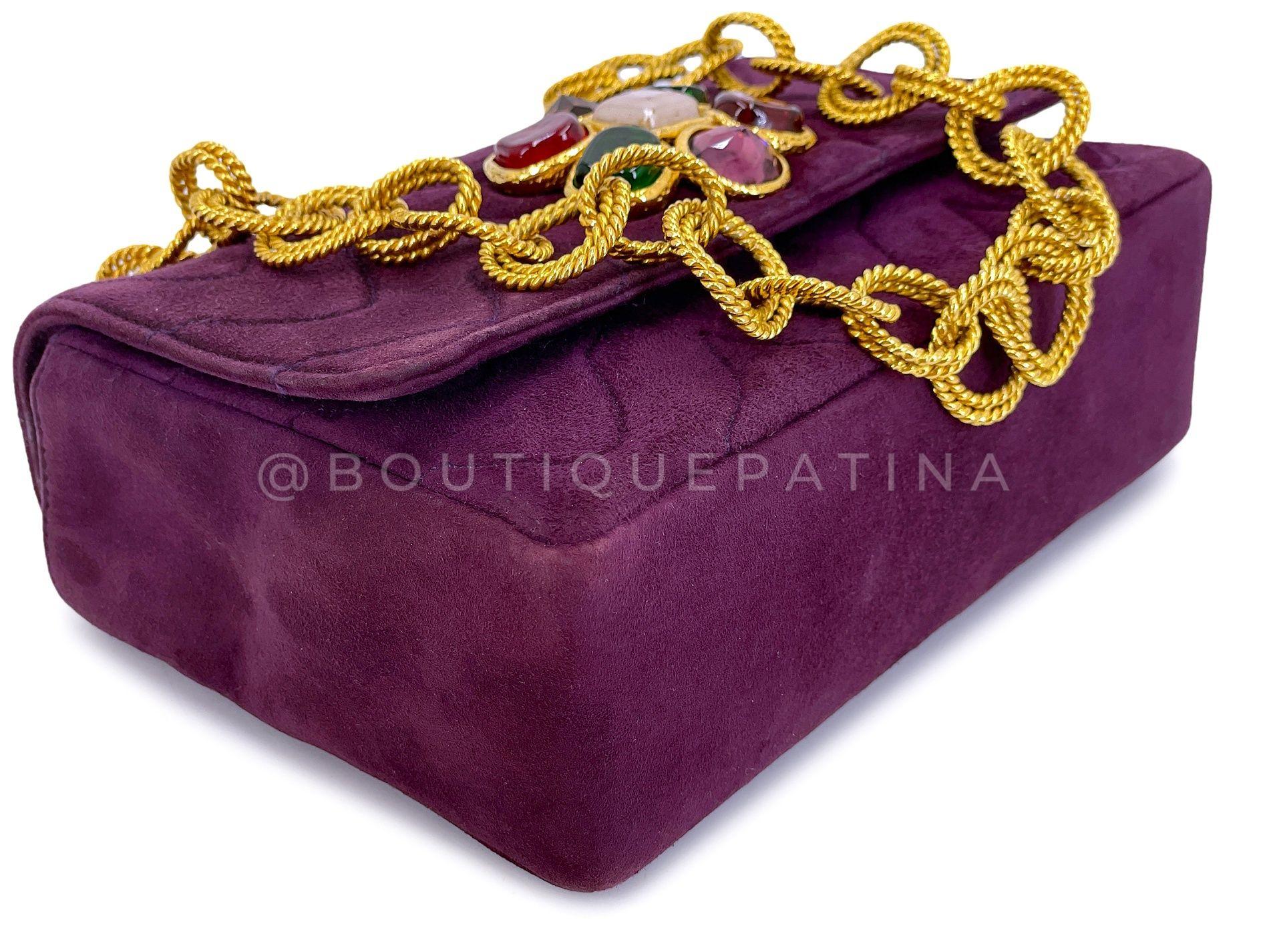 Chanel 1991 Vintage Purple Quilted Suede Jeweled Gripoix Flap Bag 24k GHW 68151 For Sale 2