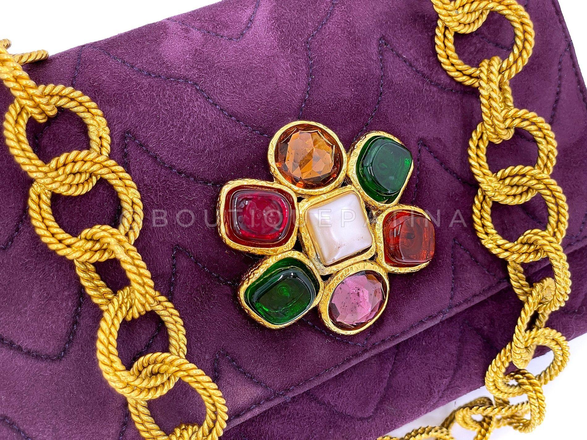 Chanel 1991 Vintage Purple Quilted Suede Jeweled Gripoix Flap Bag 24k GHW 68151 For Sale 3
