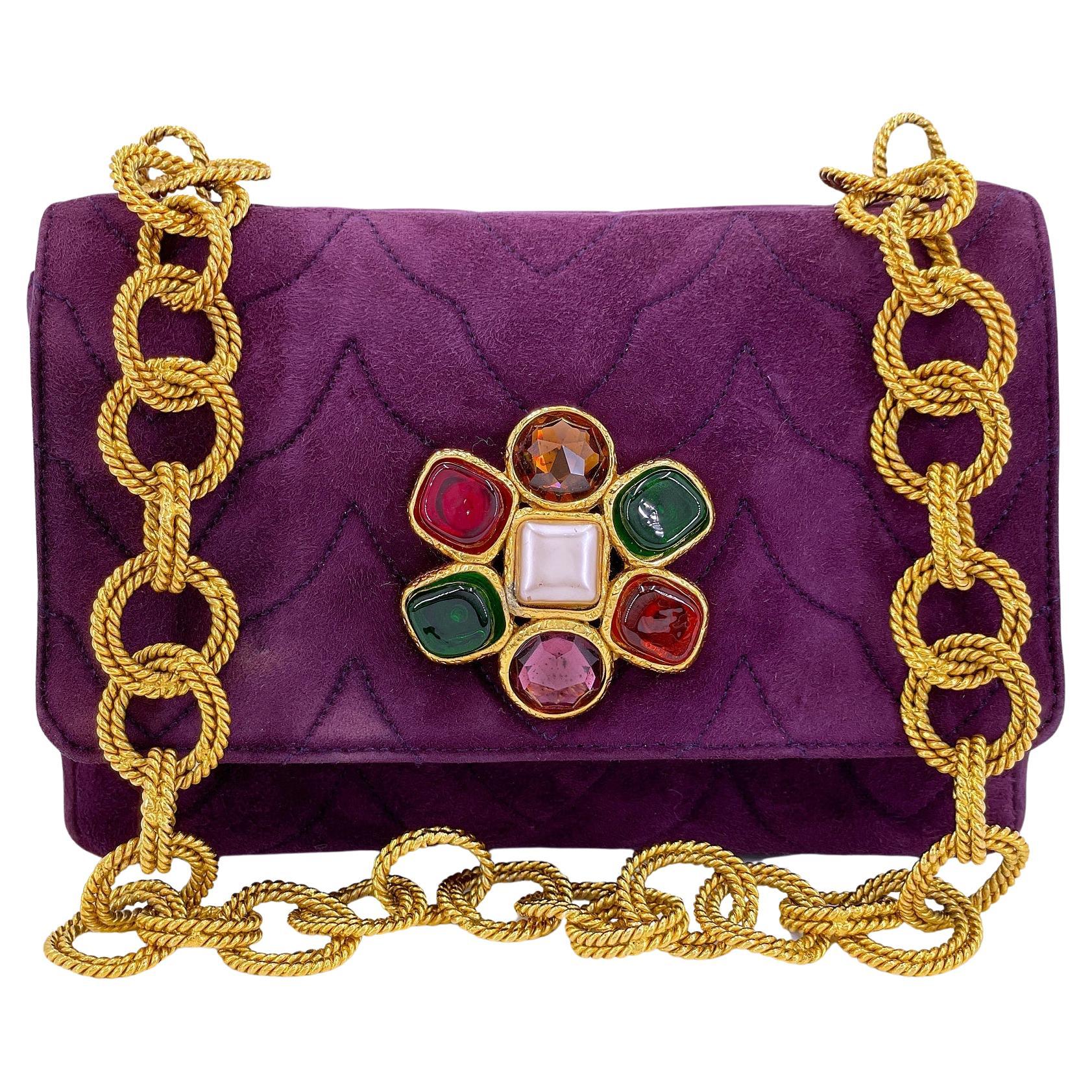 Chanel 1991 Vintage Purple Quilted Suede Jeweled Gripoix Flap Bag 24k GHW 68151 For Sale