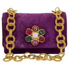 Chanel 1991 Vintage Purple Quilted Suede Jeweled Gripoix Flap Bag 24k GHW 68151
