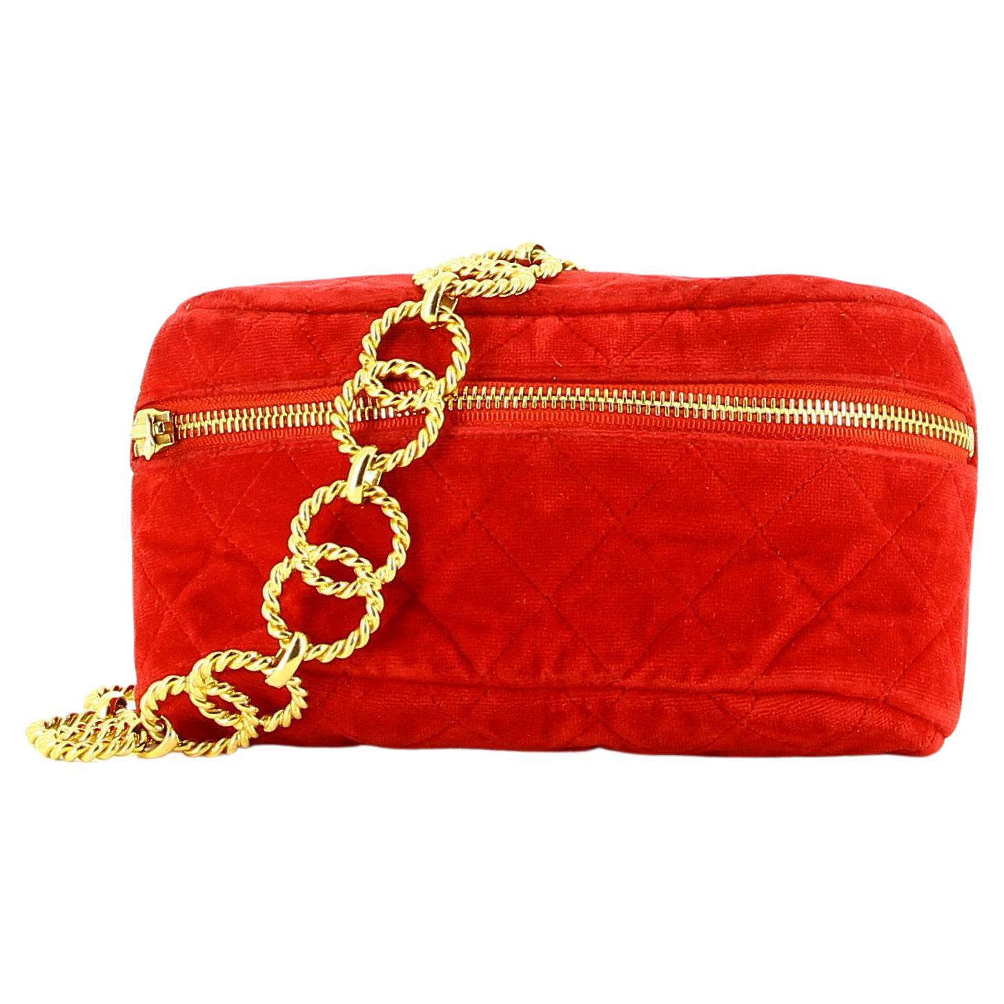Chanel 1991 Vintage Red Velvet Quilted Medallion Fanny Pack Waist Belt Bag Rare

1991  {VINTAGE 32 Years}
Gold hardware
Red Quilted Velvet
Lambskin lined
Adjustable clasp belt with max 40