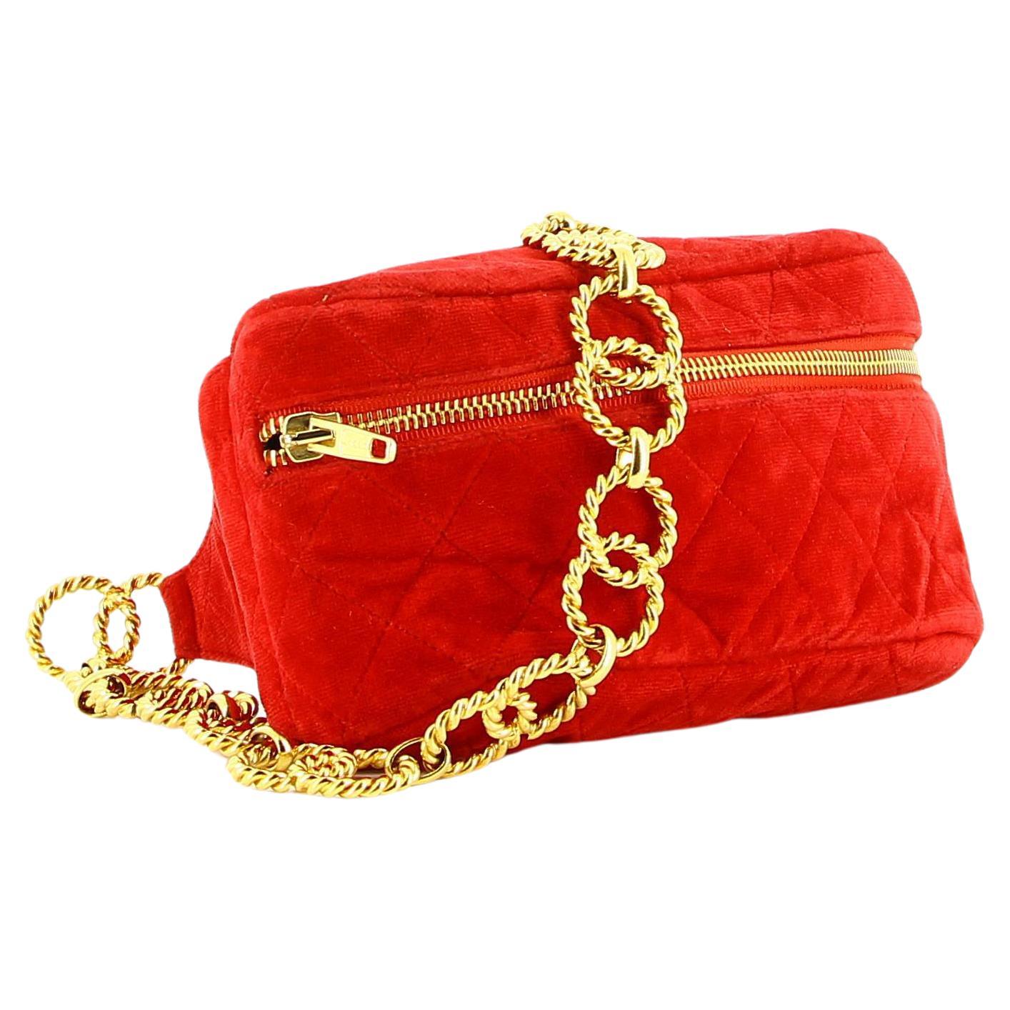 Chanel 1991 Vintage Red Velvet Quilted Medallion Fanny Pack Waist Belt Bag Rare For Sale