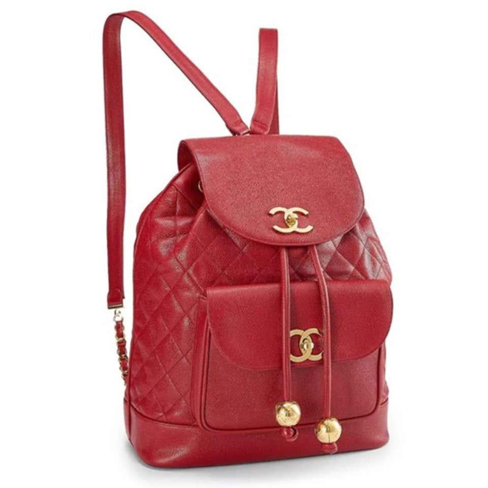 Chanel 1991 Vintage Ultra Rare XL Jumbo Red Caviar Duma Travel Backpack Bag In Excellent Condition For Sale In Miami, FL