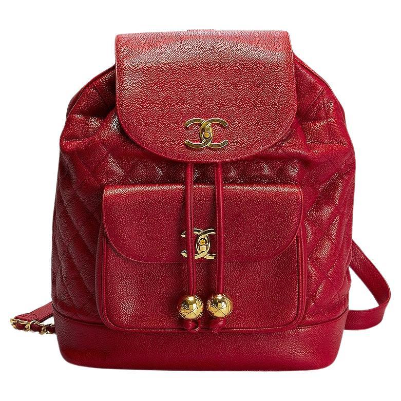 Chanel 1991 Vintage Ultra Rare XL Jumbo Red Caviar Duma Travel Backpack Bag For Sale 4
