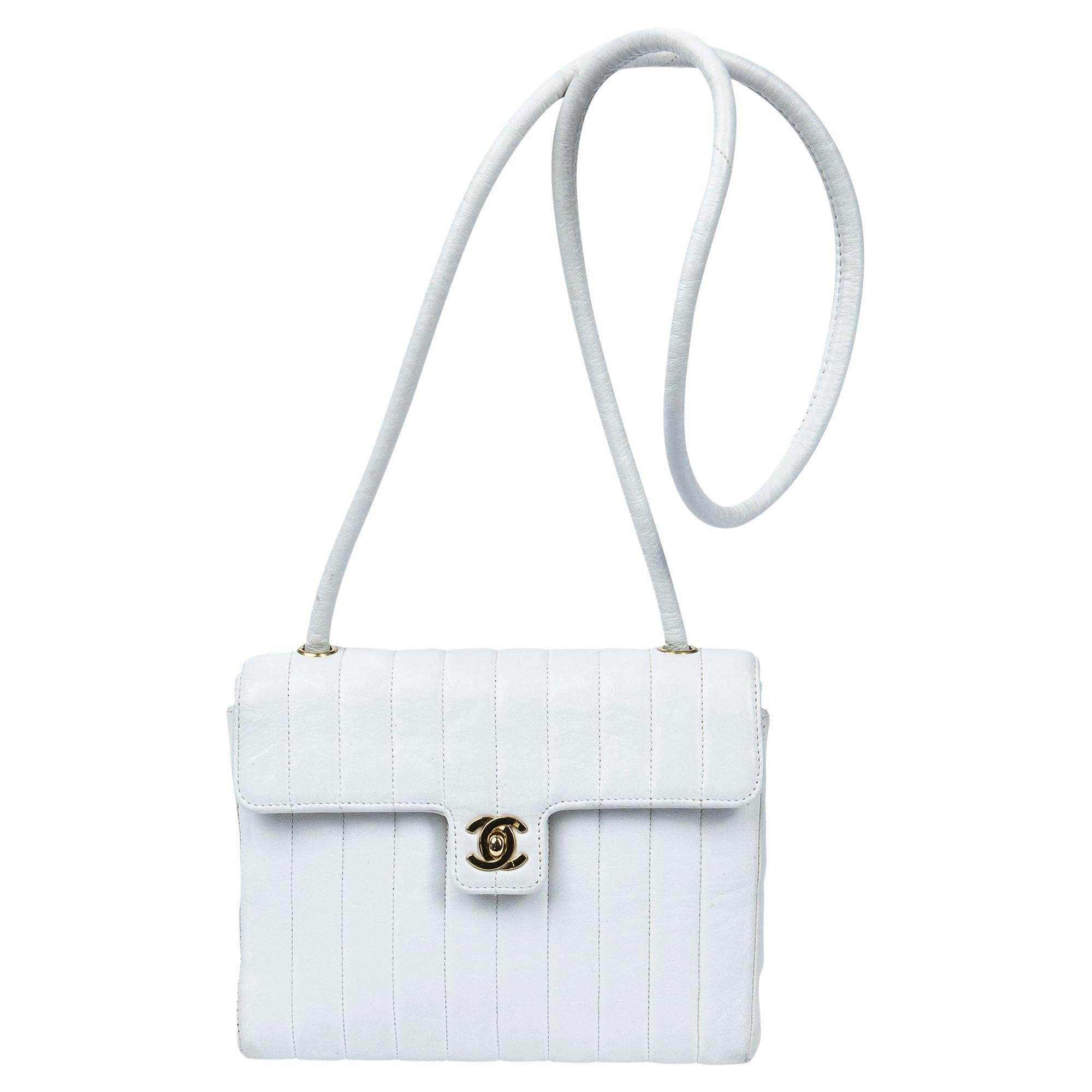 Chanel 1991 White Striated CC Turnlock Flap Bag For Sale