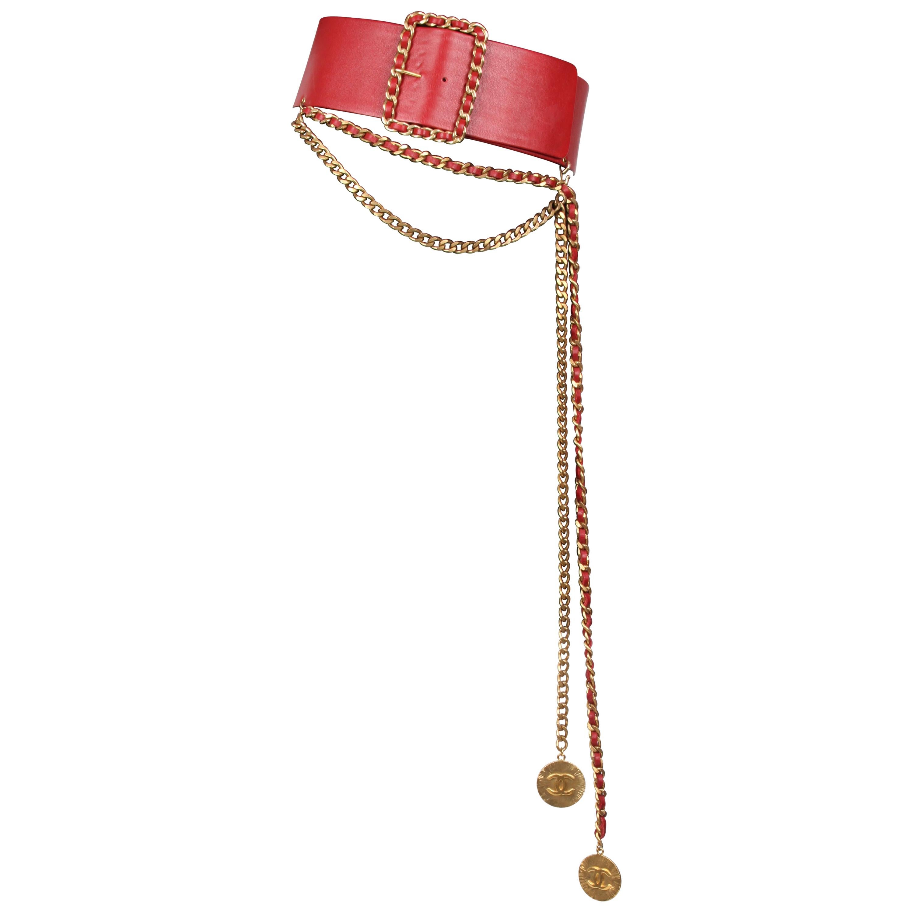 Chanel 1991 Wide Long Chain Medallion Red Leather Belt For Sale