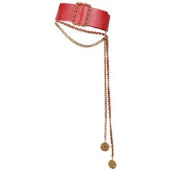 Chanel 1991 Wide Long Chain Medallion Red Leather Belt