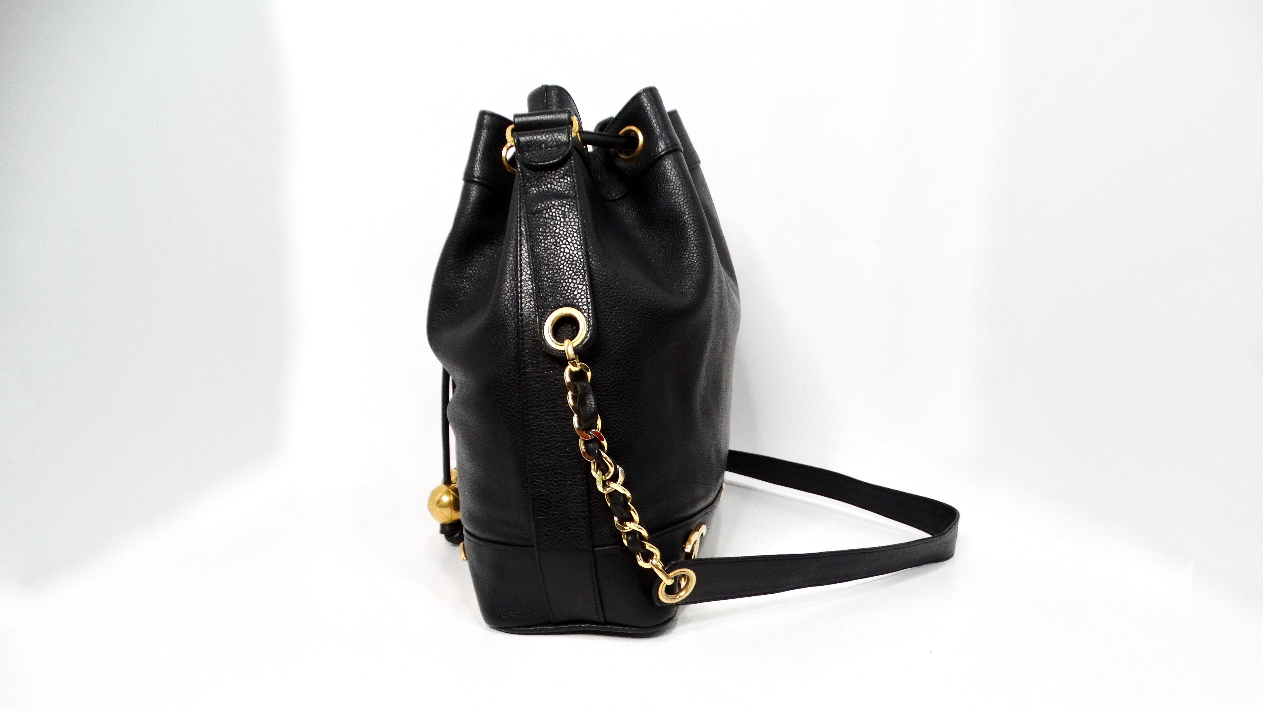 Chanel 1992 Black Caviar Leather Triple Interlocking CC Drawstring Shoulder Bag For Sale 1