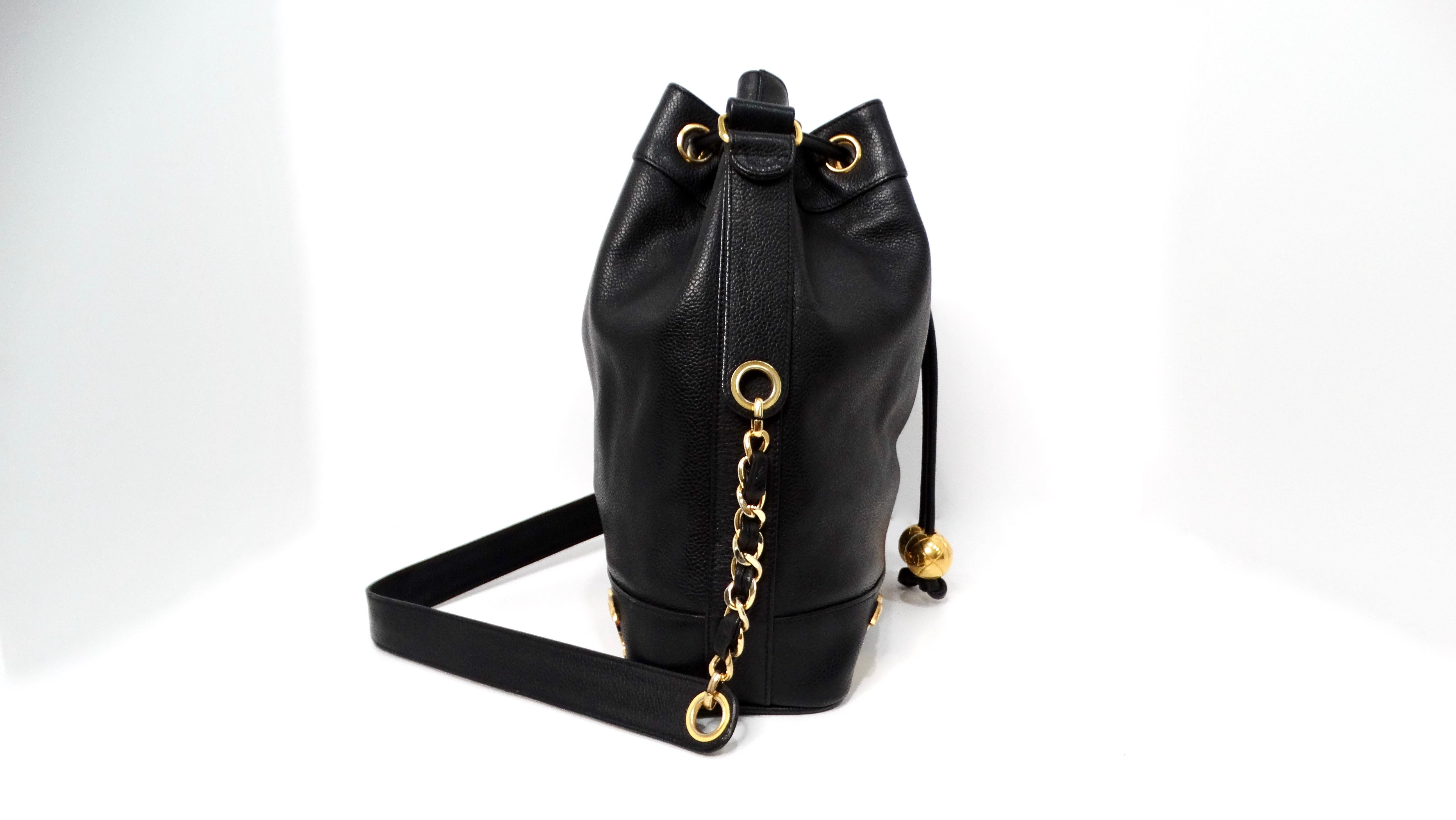 Chanel 1992 Black Caviar Leather Triple Interlocking CC Drawstring Shoulder Bag For Sale 3