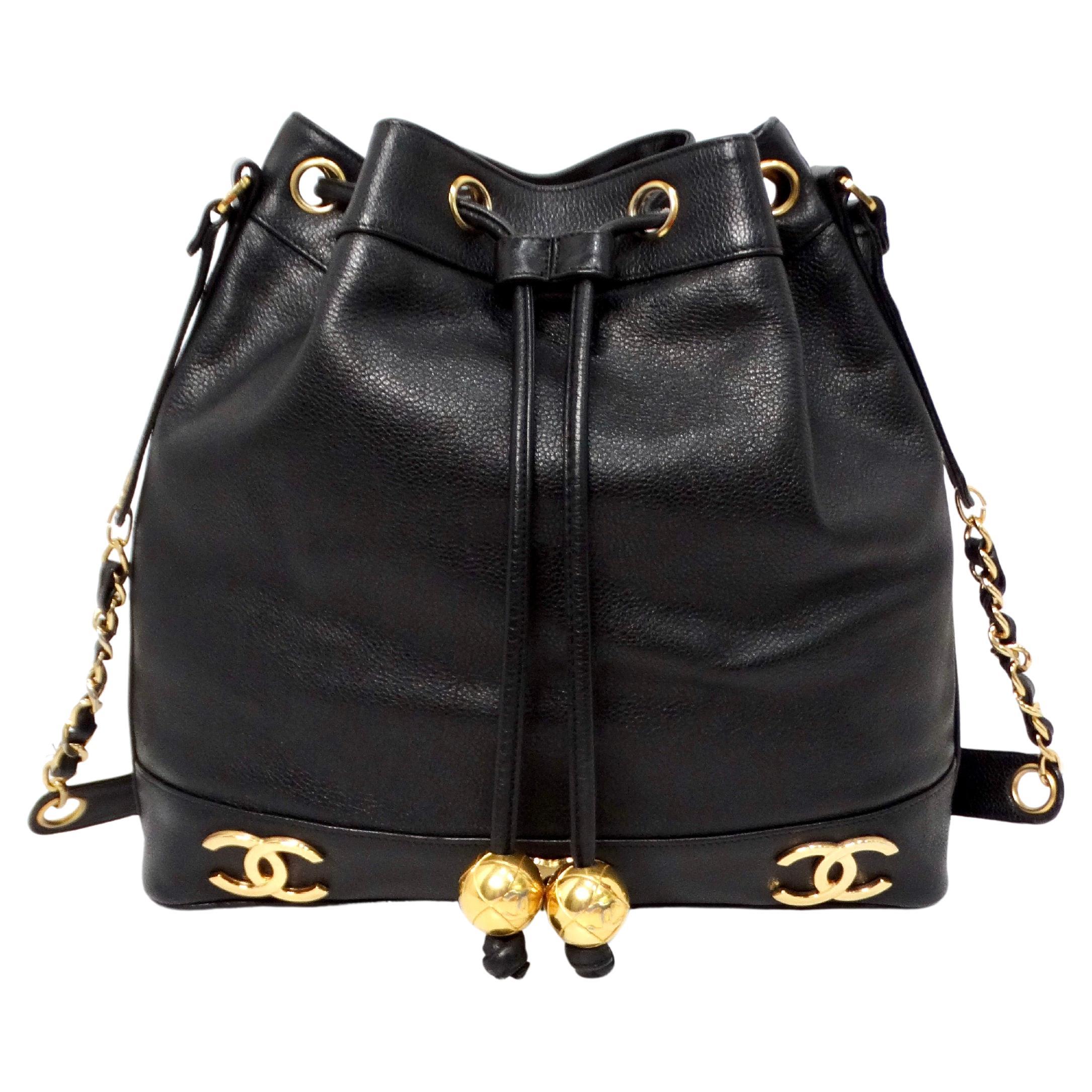Chanel 1992 Black Caviar Leather Triple Interlocking CC Drawstring Shoulder Bag For Sale