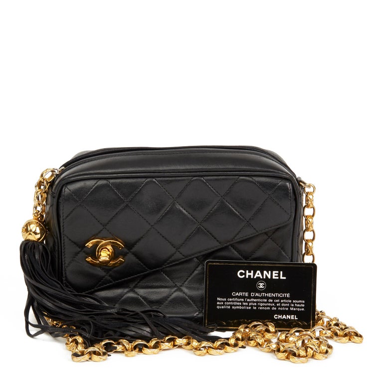 Chanel 1992 Black Quilted Lambskin Vintage Classic Fringe Shoulder Bag at 1stDibs