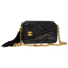Chanel 1992 Black Quilted Lambskin Vintage Classic Fringe Shoulder Bag