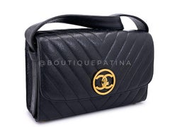Chanel 1992 Black Vintage Chevron Caviar Encircled CC Flap Bag 24k GHW 68713